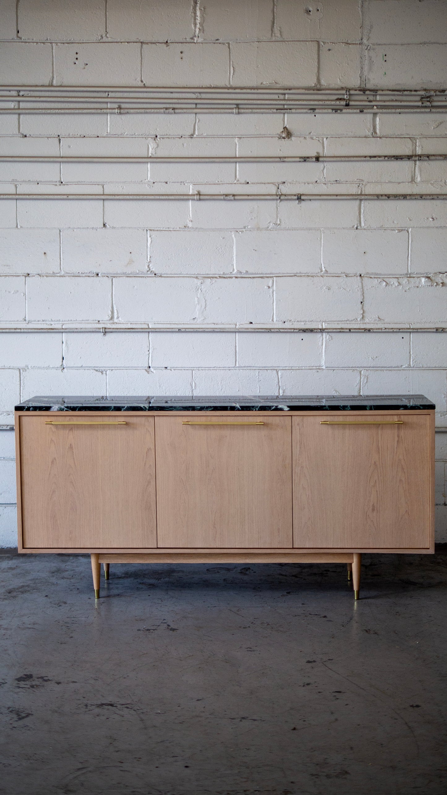 Custom Mid-Century Credenza — Bleached Oak & Forest Green Marble