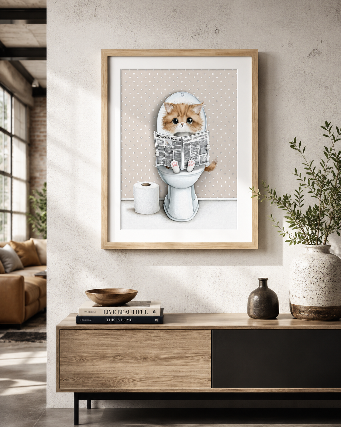 Coco Kitty on the Throne — Newspaper Toilet Printable Wall Art (Instant Digital Download)