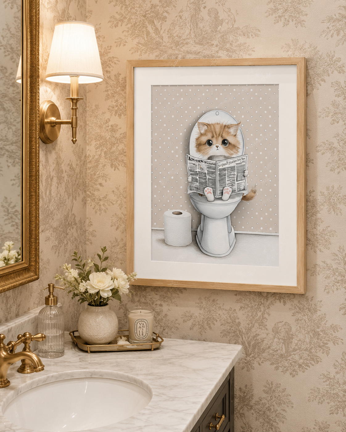 Coco Kitty on the Throne — Newspaper Toilet Printable Wall Art (Instant Digital Download)