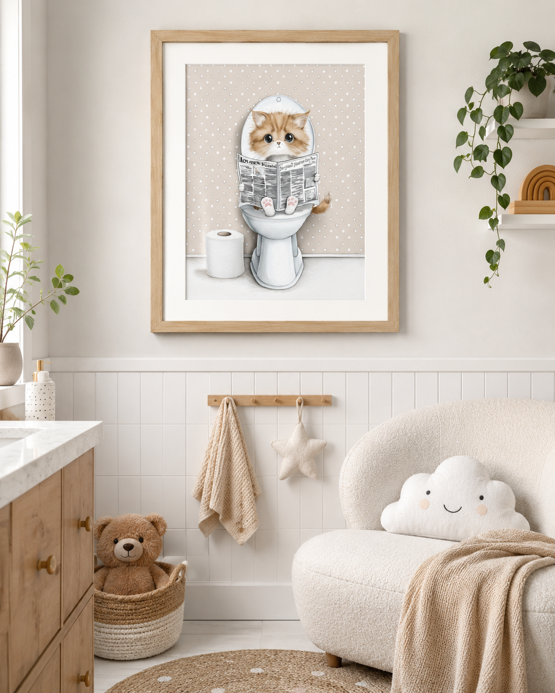 Coco Kitty on the Throne — Newspaper Toilet Printable Wall Art (Instant Digital Download)