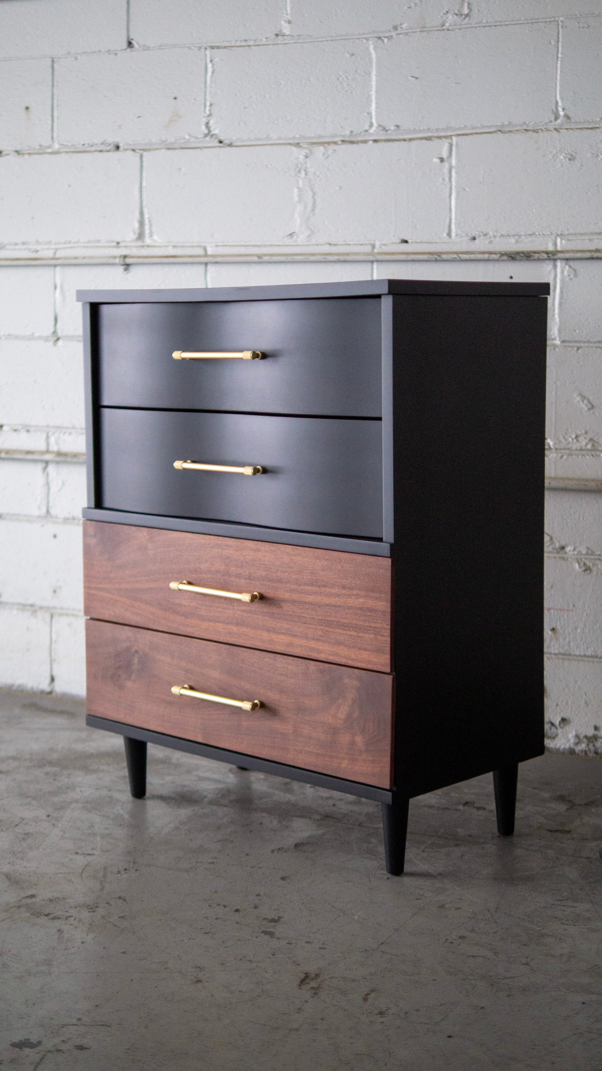 Black and Walnut MCM Tallboy Dresser — Vintage Refinished Toronto