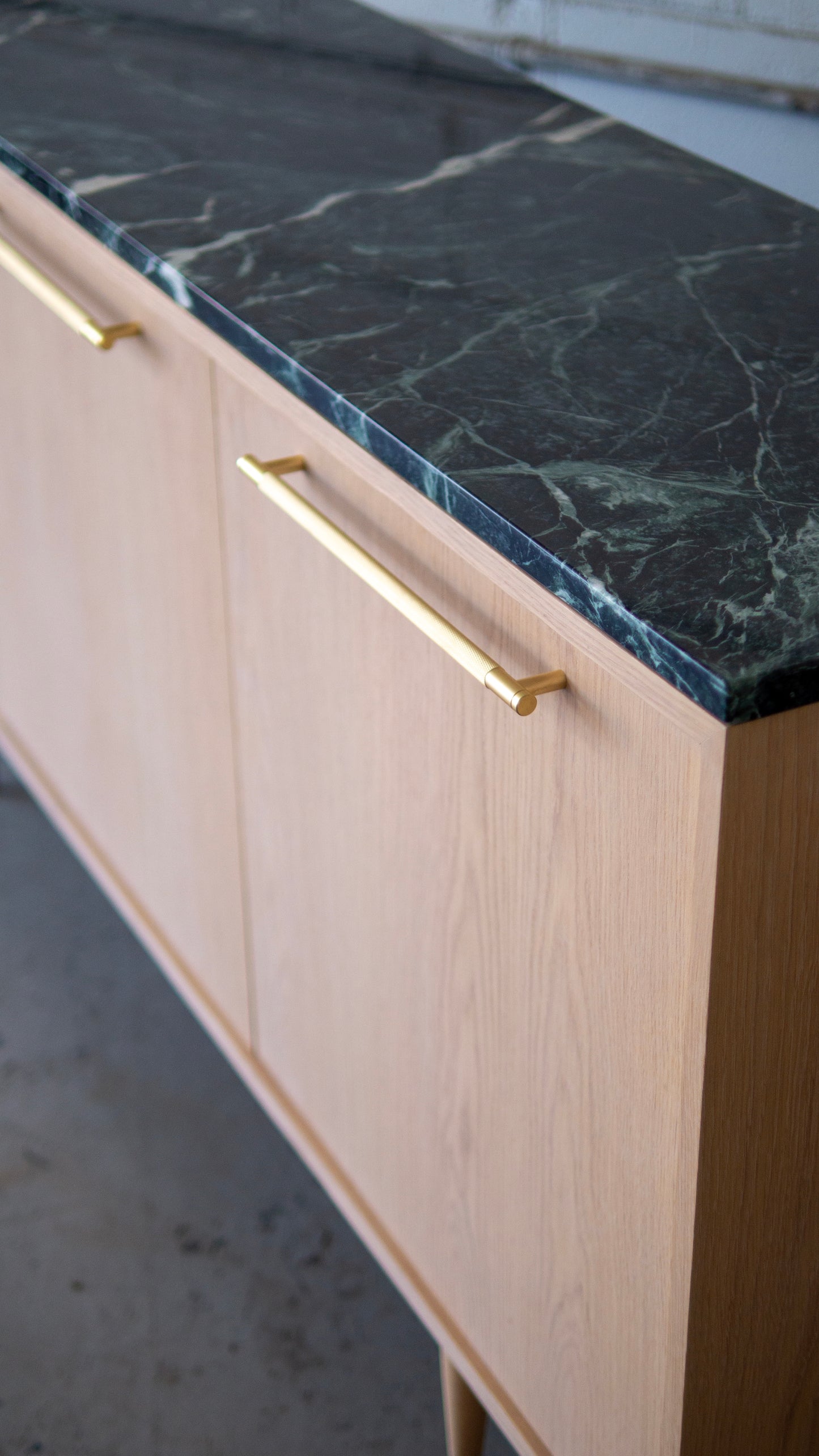 Custom Mid-Century Credenza — Bleached Oak & Forest Green Marble