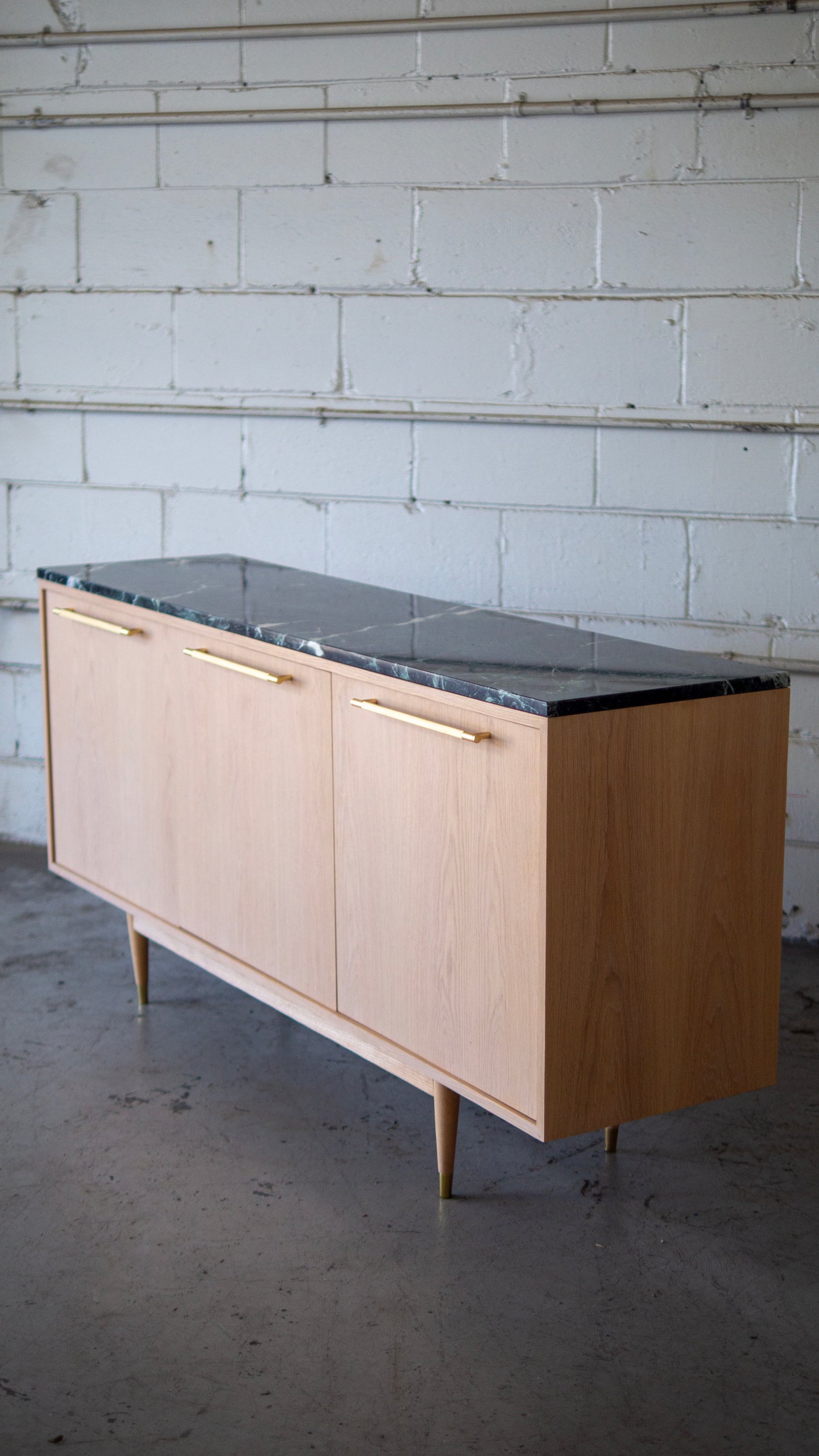 Custom Mid-Century Credenza — Bleached Oak & Forest Green Marble